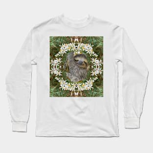 Sleepy Sloth Surrounded by Wildflowers Long Sleeve T-Shirt